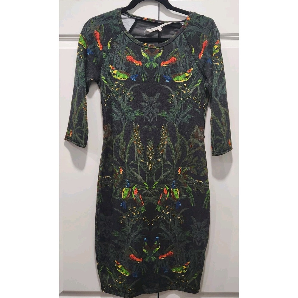 Rachel Roy Women Tropical Modal 3/4 Sleeve Fitted Stretchy Dress Mesh Back Sze M